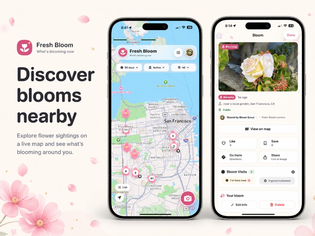 Fresh Bloom app showing a live flower map of San Francisco beside a bloom detail screen